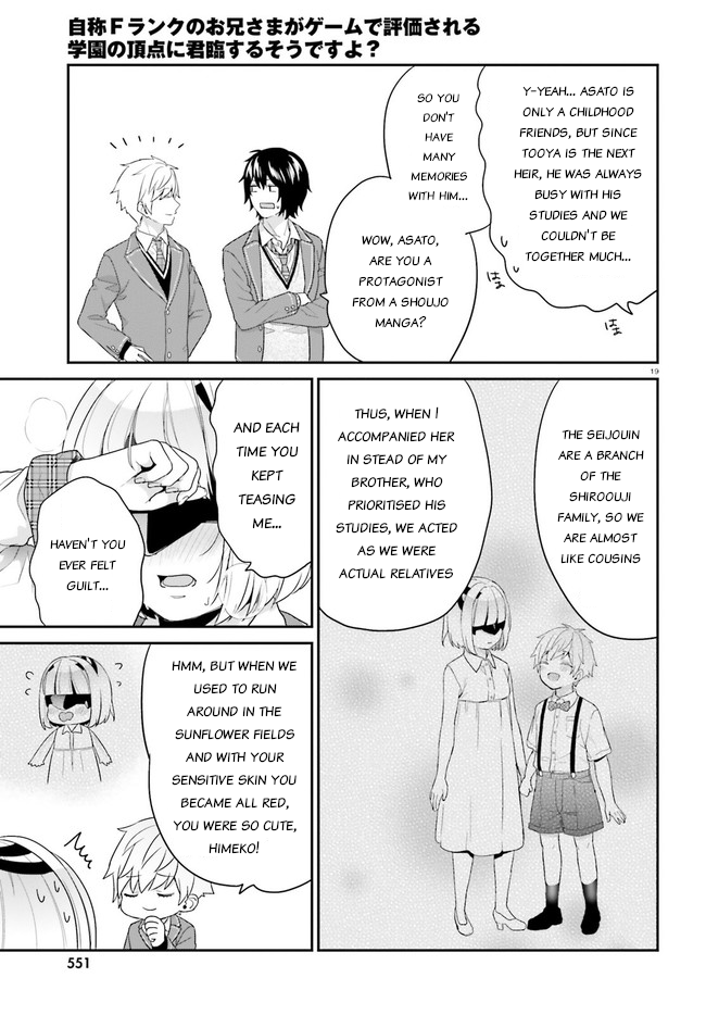 Jishou F-Rank No Oniisama Ga Game De Hyouka Sareru Gakuen No Chouten Ni Kunrin Suru Sou Desu Yo chapter 31 - page 19