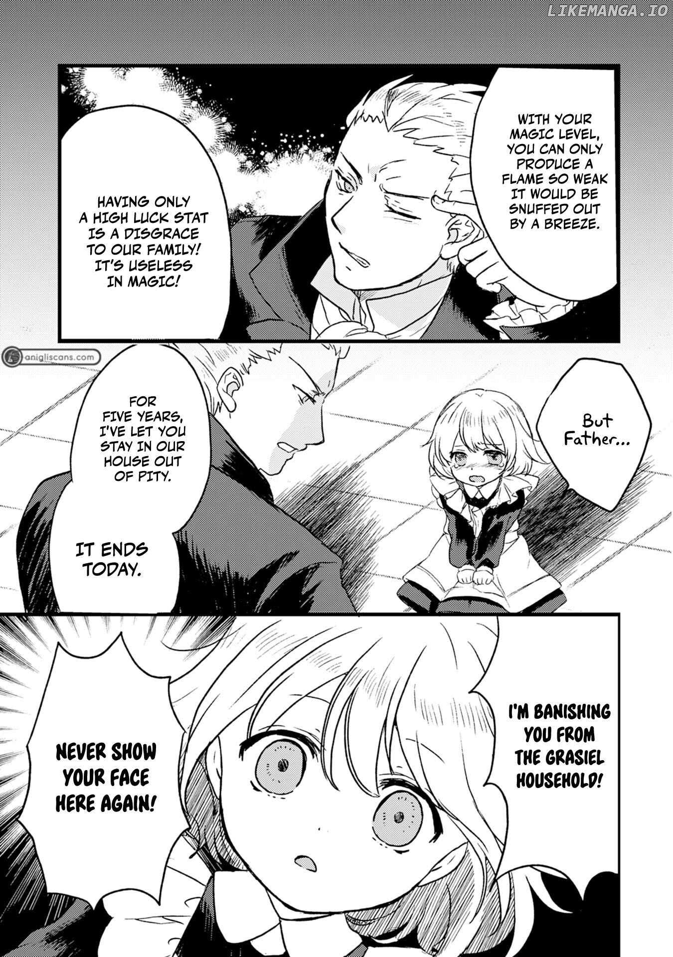 Koun-chi 999 no Watashi, Sokushi Mahou ga Zettai ni Seikou suru no de Sekai Saikyou desu ~ Mahou-chi 1 de Tsuihousaremashita ga, Kakuritsu Cheat de Moriagaru ~ Chapter 1 - page 8