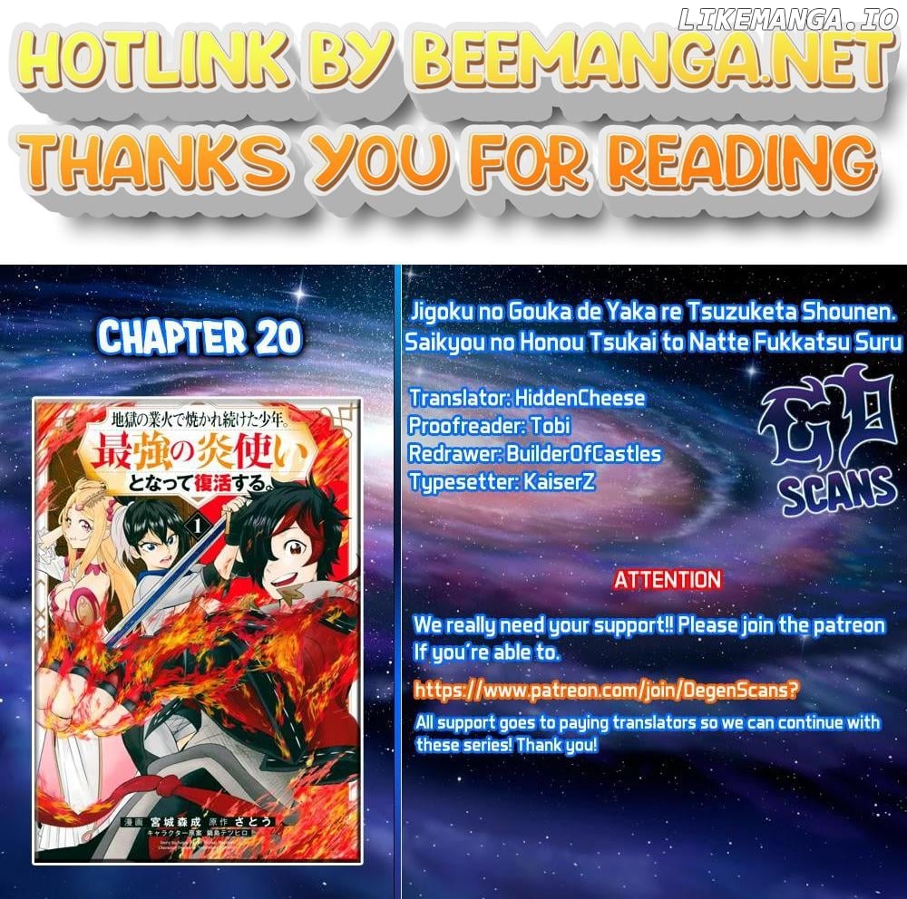 Jigoku no Gouka de Yaka re Tsuzuketa Shounen. Saikyou no Honou Tsukai to Natte Fukkatsu Suru. Chapter 20 - page 1