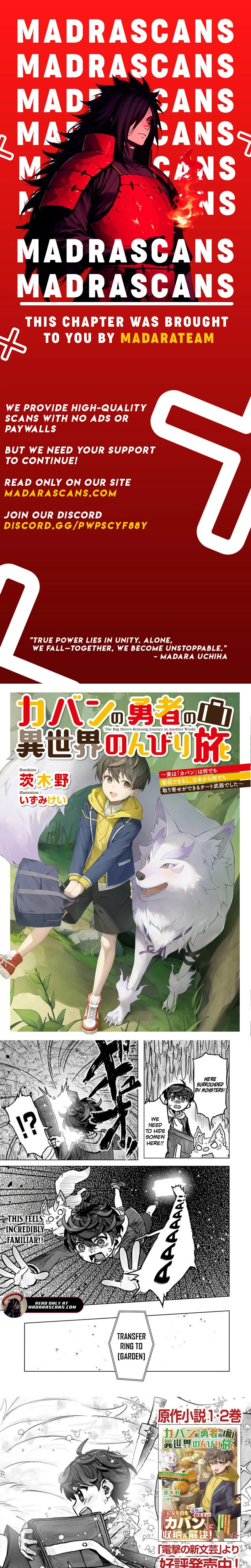 Kaban no Yuusha no Isekai Nonbiri Tabi ~Jitsuwa "Kaban" wa nani demo Kyuushuu Dekirushi, Nihon kara nandemo Toriyose ga Dekiru Cheat bukideshita~ Chapter 6.1 - page 1