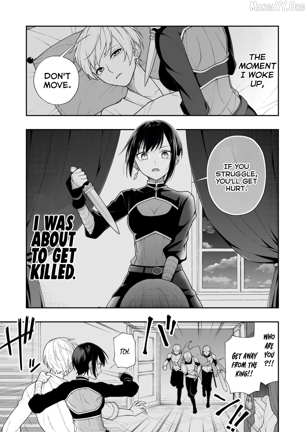 The king is about to be assassinated by an assassin, whilst the guards come in to rescue. Chapter 1 - page 1