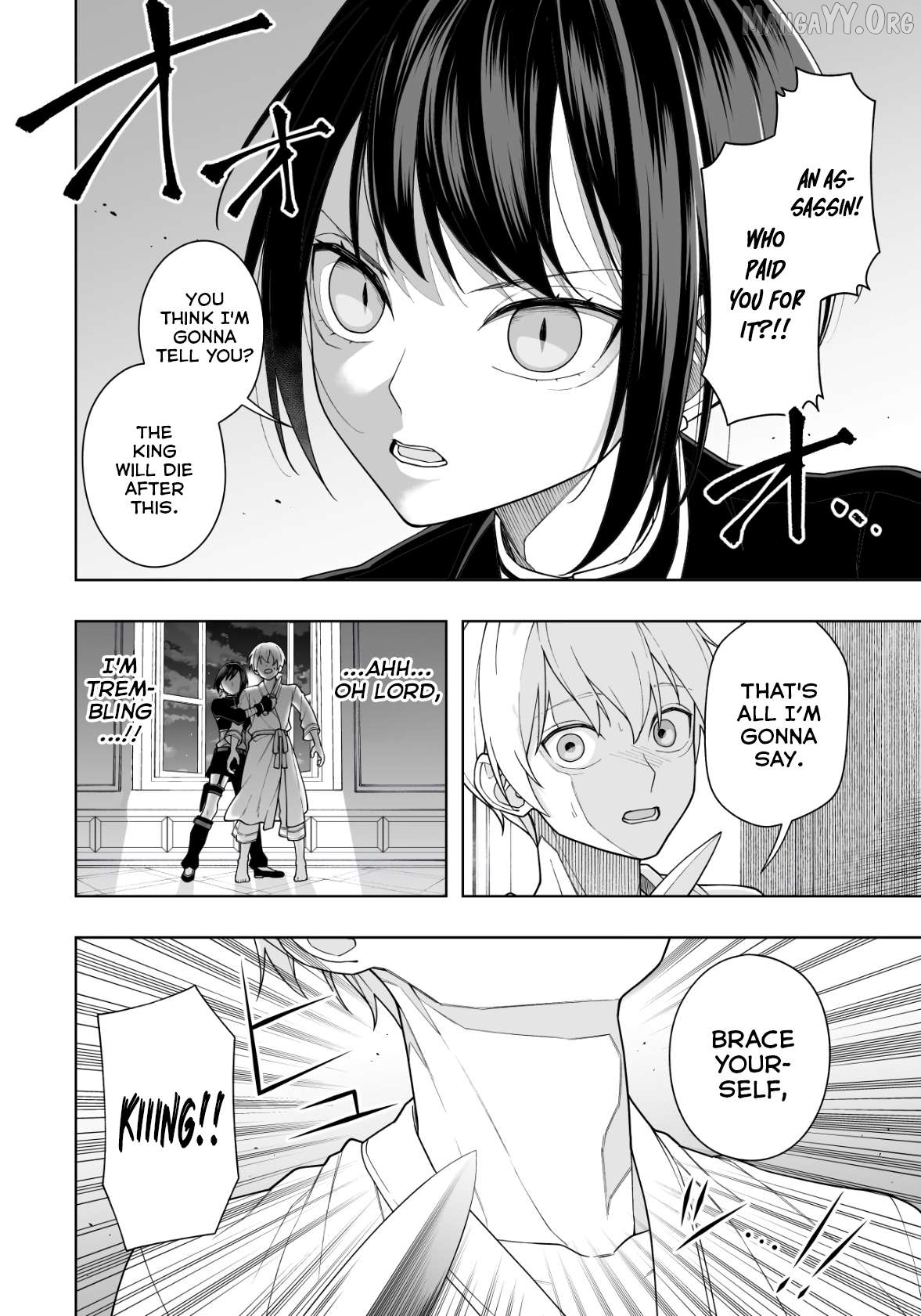 The king is about to be assassinated by an assassin, whilst the guards come in to rescue. Chapter 1 - page 2